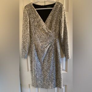 Ralph Lauren Black and White Textured Faux-Wrap Long Sleeve Dress